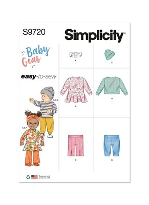 SIMPLICITY 9720 BABIES KNIT DRESS TOP PANTS HAT Sewing Pattern Sizes S-XL EASY - Image 1 of 4