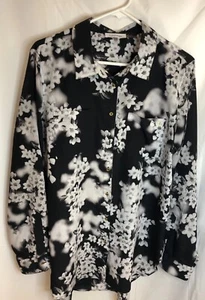 Calvin Klein CK Bluse Shirt schwarz weiß Blumenmuster goldene Knöpfe L Bloomcore - Bild 1 von 5