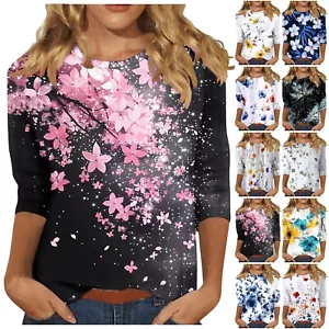 Women's Fashion Casual Three-quarter Sleeve Floral Print Neck Top - Picture 1 of 42