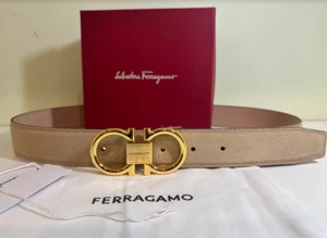 ADJUSTABLE TAN SUEDE LEATHER SALVAT0RE FERRAGAMO BELT WITH GOLD BUCKLE - Picture 1 of 6