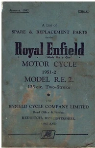 ROYAL ENFIELD 125cc MODEL RE2 2-STROKE 1951-52 ORIGINAL ILLUSTRATED PARTS LIST - Picture 1 of 1