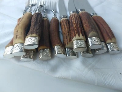 12 Famous Geo Wostenholm Scottish Stag Horn Cutlery Steak Set Knives Forks VGC - Image 1 of 4
