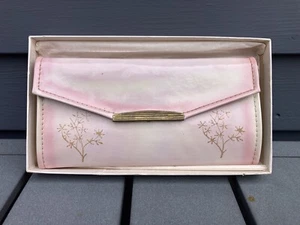 Billetera vintage de mujer de vinilo rosa con árboles dorados nueva en caja años 60 - Imagen 1 de 10