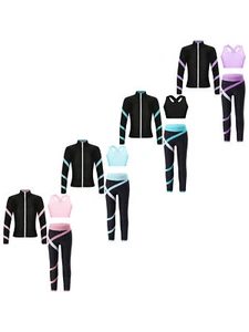 Child Girls Set Stripe Outfit Colorblock Trousers Tracksuits Contrast Color - Picture 1 of 47