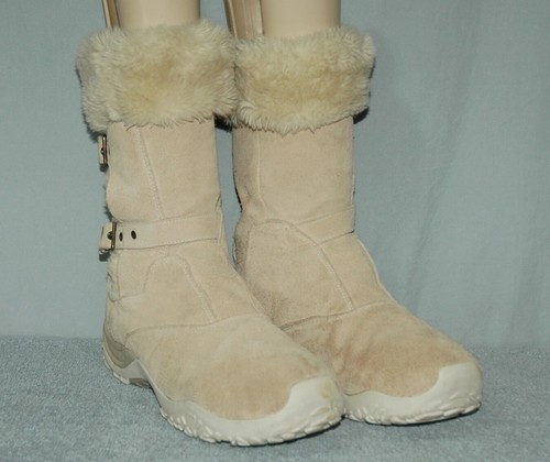 Stivali da neve Salomon Lhasa pelle beige bruciata fibbia pelliccia sintetica taglia 10 invernali