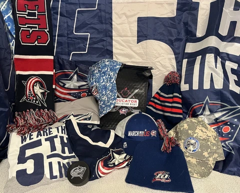 13 Pc Columbus Blue Jackets Fan Lot: 5x3 Flag, Shirts, Scarf, Hats, Puck & More Cover