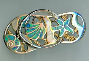 Kovel Sterling Silver 925 Black Lab Opal Sandal Thong 18K Plated Accents Pendant - Picture 1 of 5