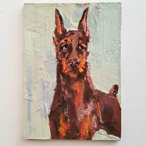 ACEO Original Painting Dog Doberman Pet Portrait Animal Gouache Modern Artwork - Picture 1 of 10