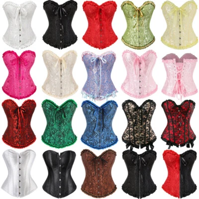 UK Women Sexy Overbust Corset Burlesque Basque Tops Lace Up Waist Firm Plus Size - Image 1 of 4