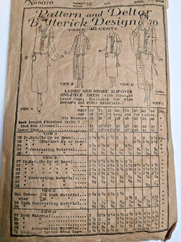 Dress Slip Over Drop Waist 38" Butterick 6070 Sewing Pattern & Deltor VTG 1923 Cover