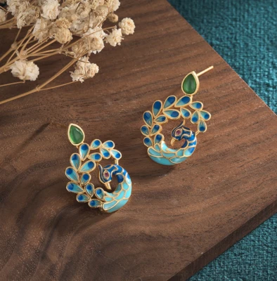 Pendientes Chinos Retro Pintados Pavo Real Calcedonia Natural Ágata Mujer Foto 1 de 4