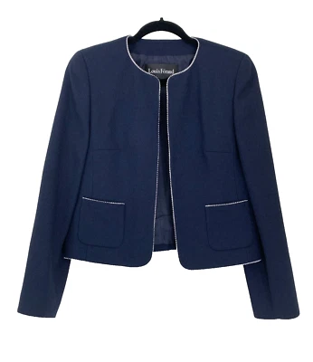 Louis Feraud Blue Open Front Jacket Collarless Long Sleeve Pockets Size US 6 - Image 1 of 4