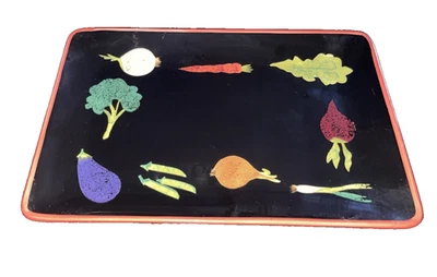 Crate & Barrel Serving Tray Black Vegetables Around Orange Trim Ceramic 13 x 9" - Image 1 of 4