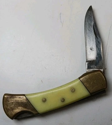 Vintage Pakistan Lockback Folding Knife Brass Bolsters Cream Handle - Image 1 of 2