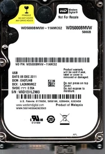 WD5000BMVW-11AMCS2 S/N: WXD1E DCM: EA0TJHB WD 500GB MALAYSIA DEC 2011 - Picture 1 of 2