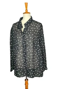 Dialogue Black Blouse Women Size 1X Polka Dot Sheer Flowy Retro Button Down Top - Picture 1 of 6