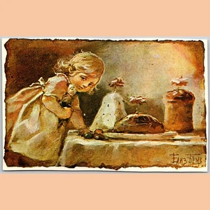 Postcard Easter Greetings Child and Bread Illustration - Picture 1 of 4