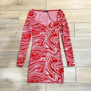 Neu ohne Etikett Zara Damen Langarm Minikleid Pullover Jacquard Wirbelmuster rot Small - Bild 1 von 7