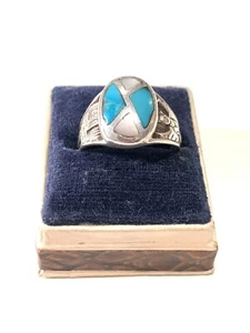 Vintage Native American Sterling Silver Thunderbird Zia Turquoise Inlay Ring - Picture 1 of 10