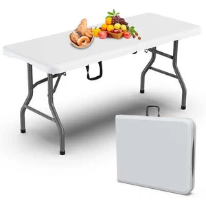Portable Folding Table Heavy Duty Fold-in-Half Plastic Table Carrying Handle - Picture 1 of 9