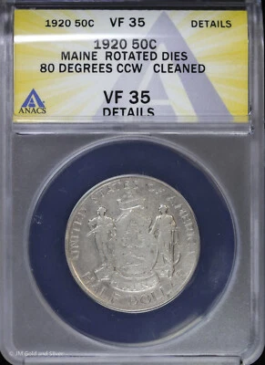 1920 Maine Centennial Half Dollar ANACS VF 35 Details | Rotated Dies 80 CCW - Image 1 of 4