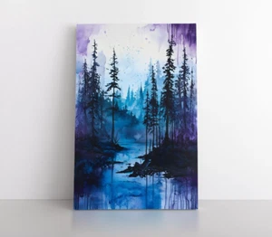 Wall Art Painting Print Nature Forest Landscape, Framed Canvas, Blue Purple Tree - Picture 1 of 13