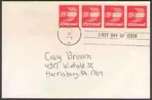 US. C83. 13c. Winged Airmail Envelope Coil Strip of 4. FDC. 1973 - Picture 1 of 1