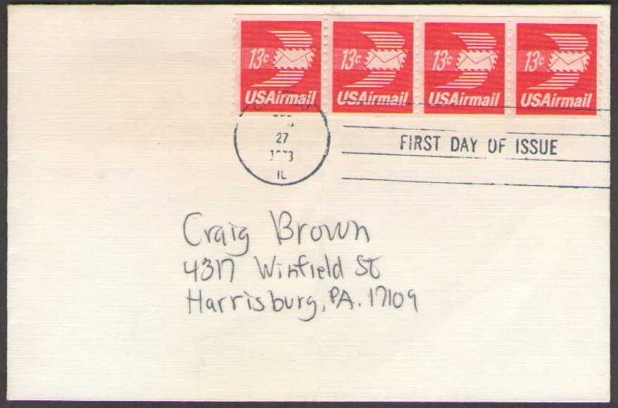 US. C83. 13c. Winged Airmail Envelope Coil Strip of 4. FDC. 1973 - Image 1 of 1