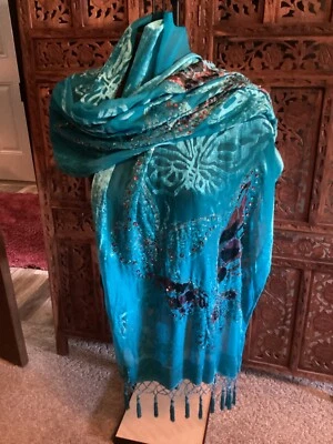 Bufanda envolvente vintage azul con estampado de mariposa de lentejuelas talla única Foto 1 de 4