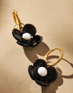 Anthropologie Levens Jewels Pretty Baby Flower Green Glass Hoop Earrings - Picture 1 of 5