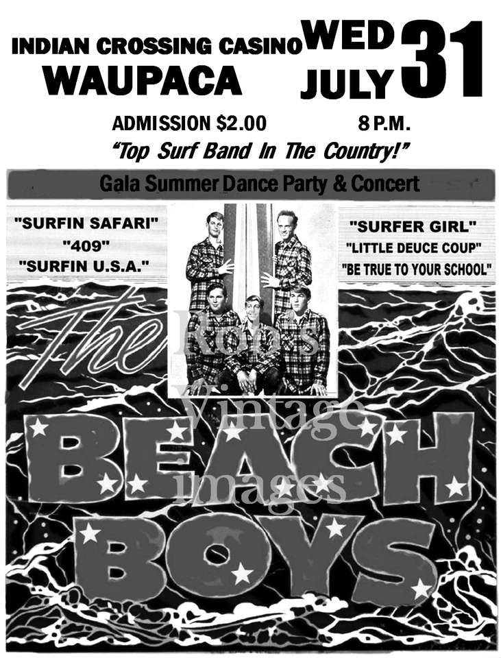 Beach Boys Poster Rock Concert Indian Crossing Casino Waupaca, Wi. 8.5 x11
