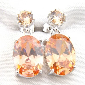 Amazing Oval Round 4 Stones Orange Morganite Gem Silver Hook Stud Earrings Women - Picture 1 of 5