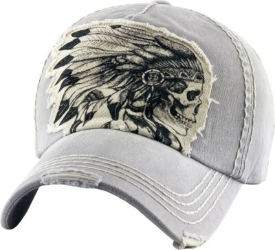 Native American Indian Chief Skull Vintage Distressed Gray Cap Hat by KB ETHOS - Image 1 of 3