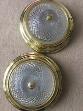 Pair Of 12" Antique Gold Brass Cut Crystal Crystal Flush Mount Ceiling Lights