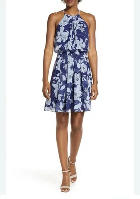 全新 Eliza J 连衣裙 女式 大码 18 码 花卉吊带 蓝色 百褶 短礼服 派对 — 第 1/4 张图片