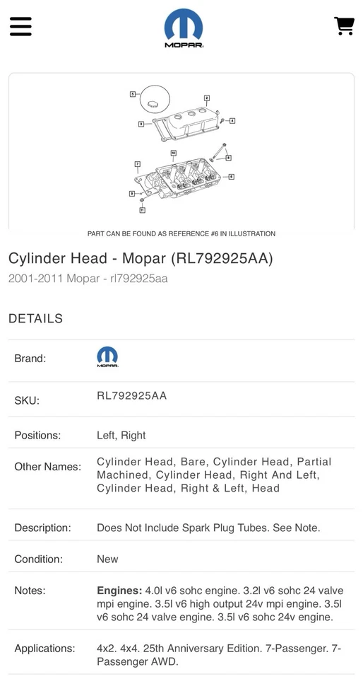 NUEVO Genuino Mopar RL792925AA 4.0 3.5 3.2 Jeep Dodge RAM Chrysler Foto 1 de 4