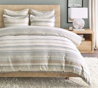 3 Piece Pottery Barn Clayton Striped Cotton Duvet Cover Neutral · Full/Queen - Image 1 of 4