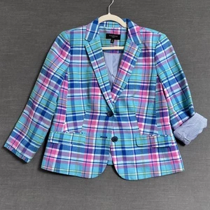 Talbots Blazer 8 Petite Blue Pink Plaid Linen Cotton Jacket Preppy Summer Casual - Picture 1 of 14