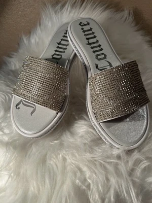 Flashy! Juicy Couture Yippy Slide Sandals Size 6M Silver Rhinestones & Glitter - Image 1 of 4