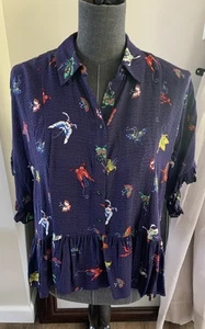 Maeve By Anthropologie Mallory Butterfly Blouse Top Size S Navy Blue Multicolor - Picture 1 of 8