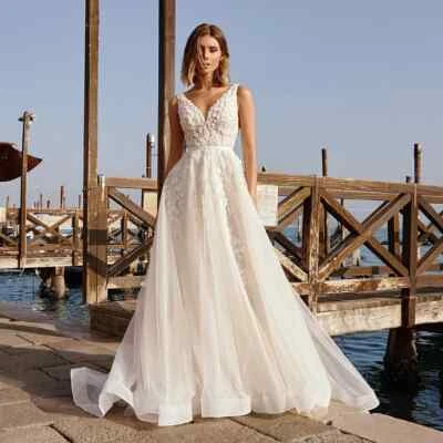 Vestido de noiva moderno decote em V sem mangas aplique de renda sem costas zíper tule novo - Imagem 1 de 4