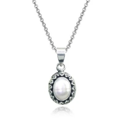 Oval Simulated White Pearl Thick Oxidized Bali Dainty Necklace in 925 Silver - Image 1 of 3
