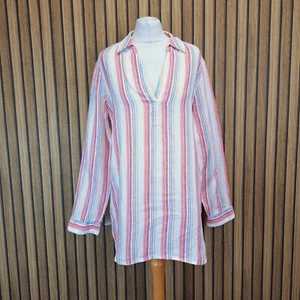 NRBY camicia lino top donna media bianca rossa maglione a righe smock oversize - Foto 1 di 11