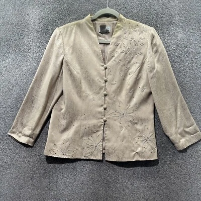 Chaqueta Blazer Adrianna Papell Mujer Tostada Floral 100% Seda Cuentas Abotonada Foto 1 de 4