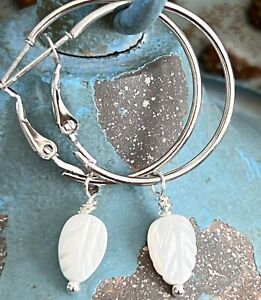 Beautiful Mother of Pearl Leaf & Silver Lever Back Hoop Dangle Earrings.