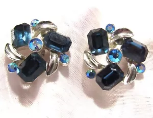 Vintage Signed Lisner Midnight Blue Rhinestone & Silver Tone Screw-on Earrings - Picture 1 of 5