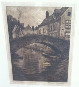 Omer Coppens (1864-1926 ) Signed & Numbered Etching of a Town Scene w/ a Bridge - Picture 1 of 8