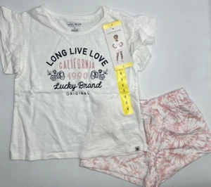 Girls Size 5 Lucky Brand 2-Piece Short Set T-Shirt Summer Outfit White / Pink - Picture 1 of 5