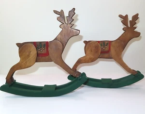 Vintage Set of (2) Wood Reindeer Wooden Rocking Horses Christmas Ornaments Decor - Picture 1 of 11