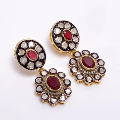 Pendientes de diamantes Polki de plata de ley 925 con rubí victoriano para mujer Foto 1 de 4